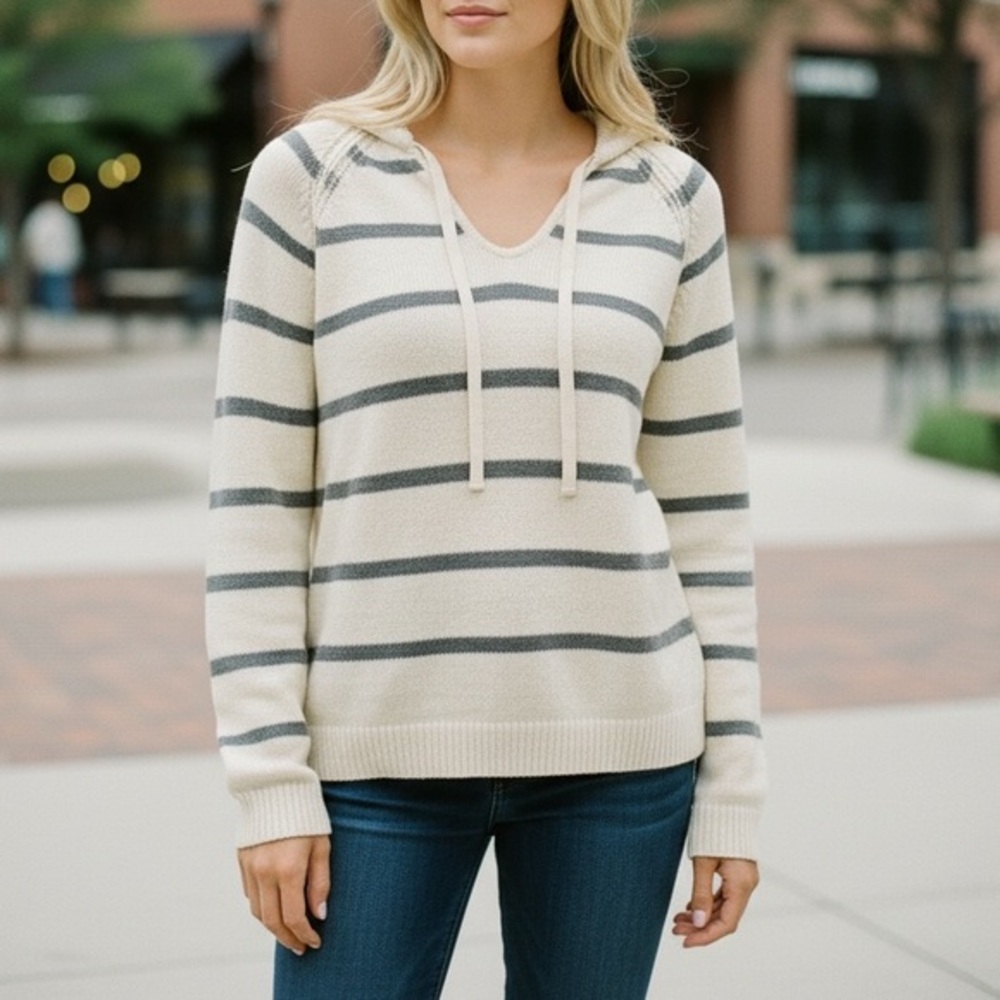 GAP Striped Knit Tunic Sweater Beige Gray Drawstring Neck Pullover Size M